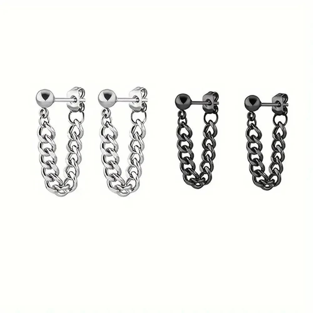 NEW 2 pairs - Punk Style Silver & Black Chain Dangle Earrings Stud Front